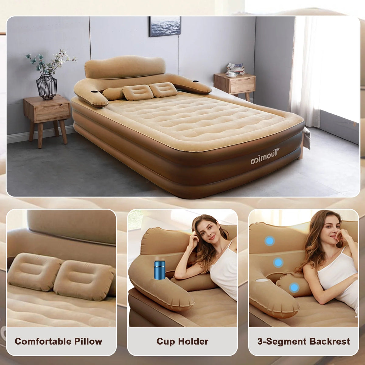 AJONALAA 18in Queen Air Mattress with Headboard, Inflatable Mattress Airbed for Camping