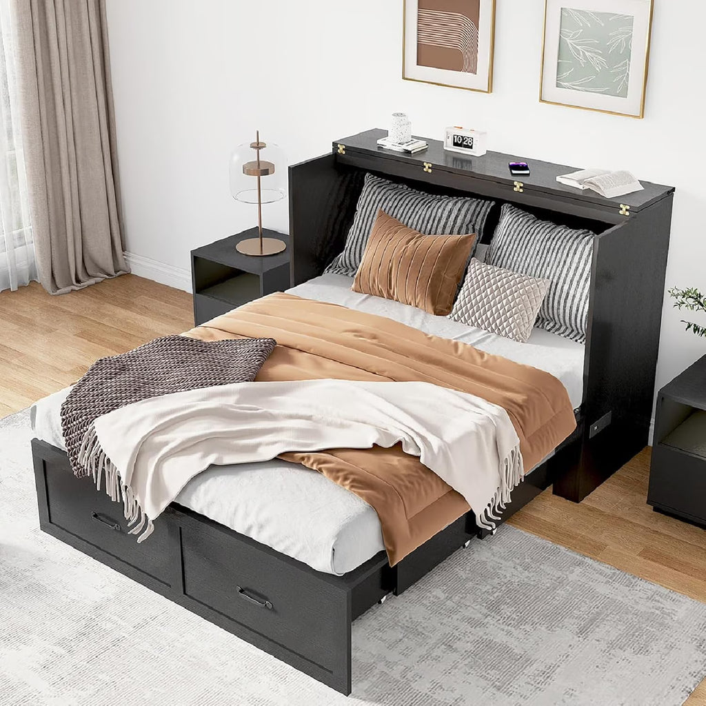 ANPOO Full Size Murphy Chest Bed with Drawer and Power Outlets, Farmhouse Wood Hidden Folding Bed Chest w/2 Storage Drawers, Multifunctional Storage Cabinet Bed for Bedroom,White