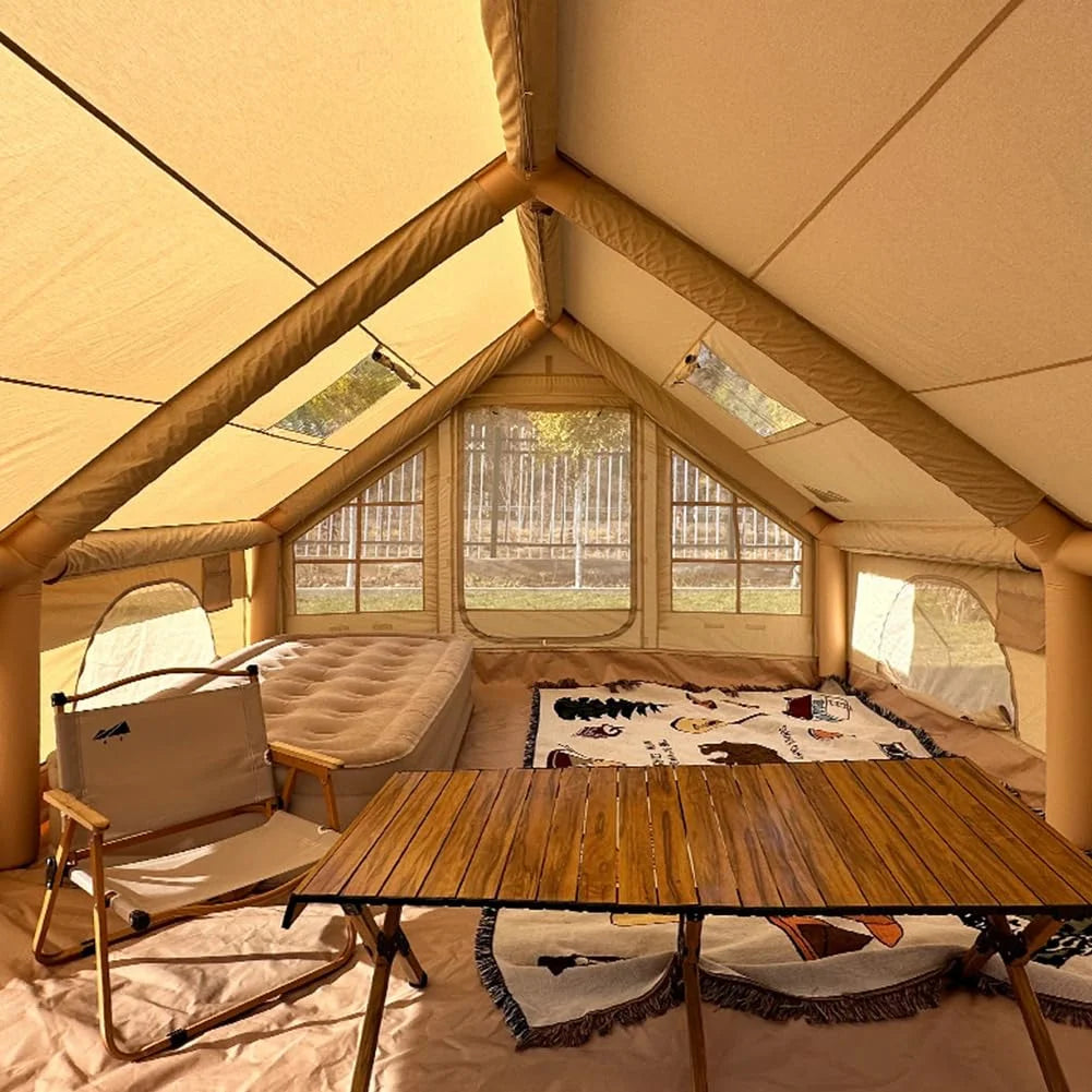 9.8' x 7' Inflatable Camping Tent,4 Season Blow up Tents for Camping, 4-6 Person Inflatable Tent with Stove Jack,Air Tents,Glamping Tent,Waterproof Luxury House with Mesh Window