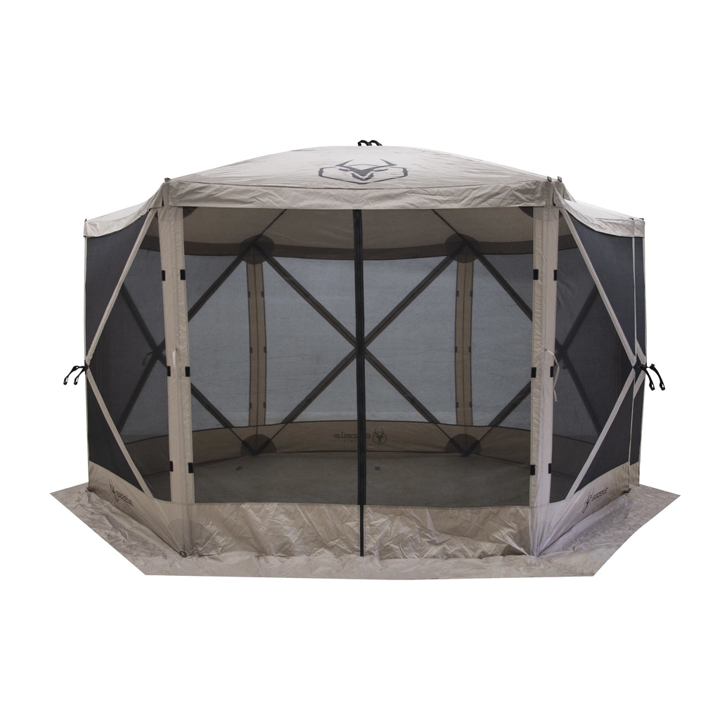 Gazelle Tents?,G6 6-Sided Portable Gazebo with TriTech Mesh, Easy Pop-Up Hub Screen Tent, Waterproof, UV Resistant, 8-Person & Table, Desert Sand, 86" x 124" x 124", GK914, Includes 3 Wind Panels
