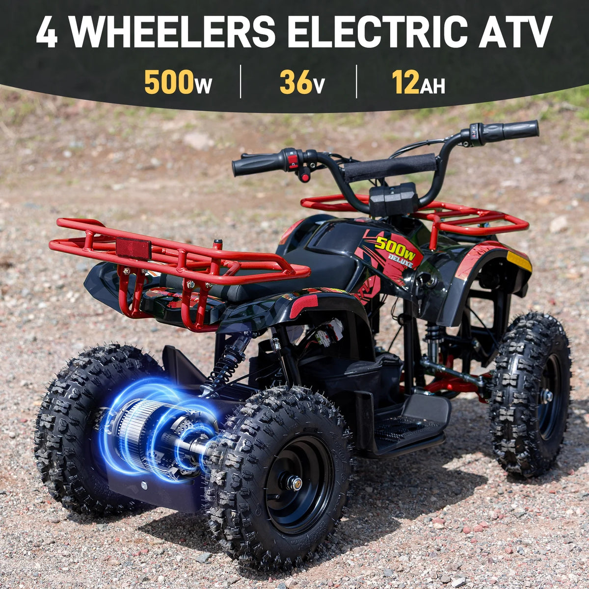 Aoemoe 500W 36V Battery-Powered Ride-On Off-Road 4-Wheeler 15 Mile Range, Flame