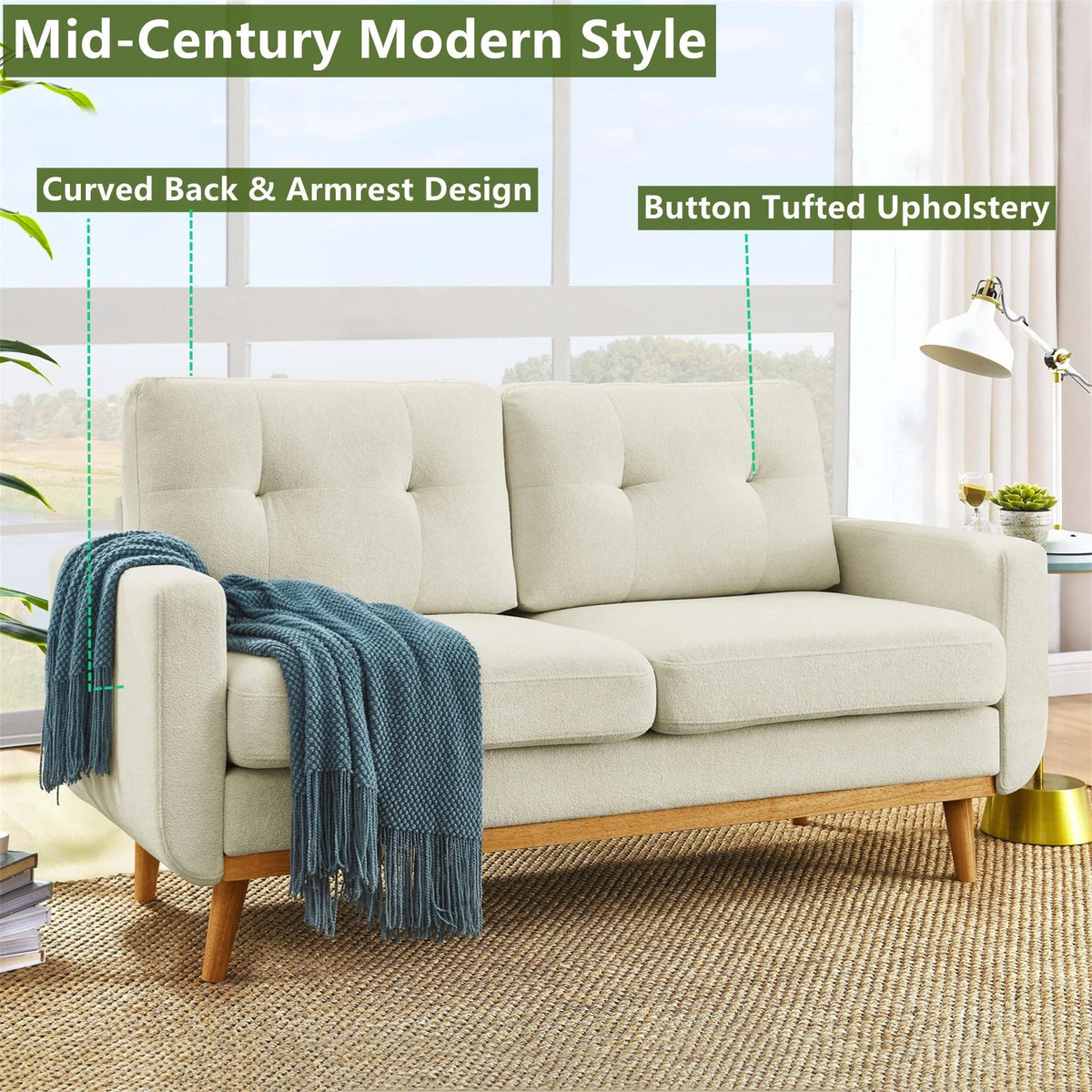 Aukfa 68" Small Sofa Couch Comfy Mid Century Modern Loveseat Sofa for Living Room Bedroom, Cream