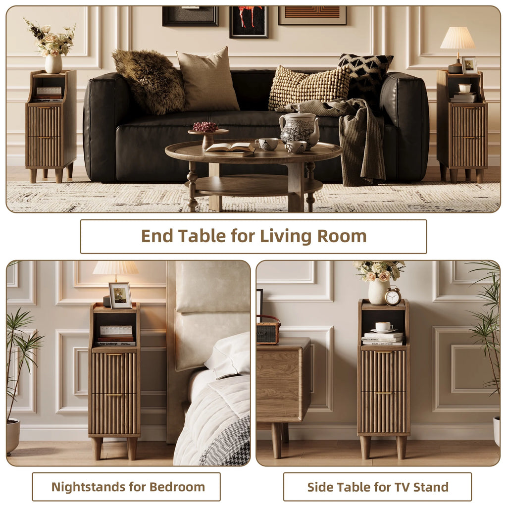 UGTOO 24.4"Tall Walnut Finish 2PC Bedside Table Set with 2 Large Drawers & Top Storage Space Open Shelf, Sturdy Wood Legs, Vintage Cabinet Nightstand for Bedroom with Metal Handle