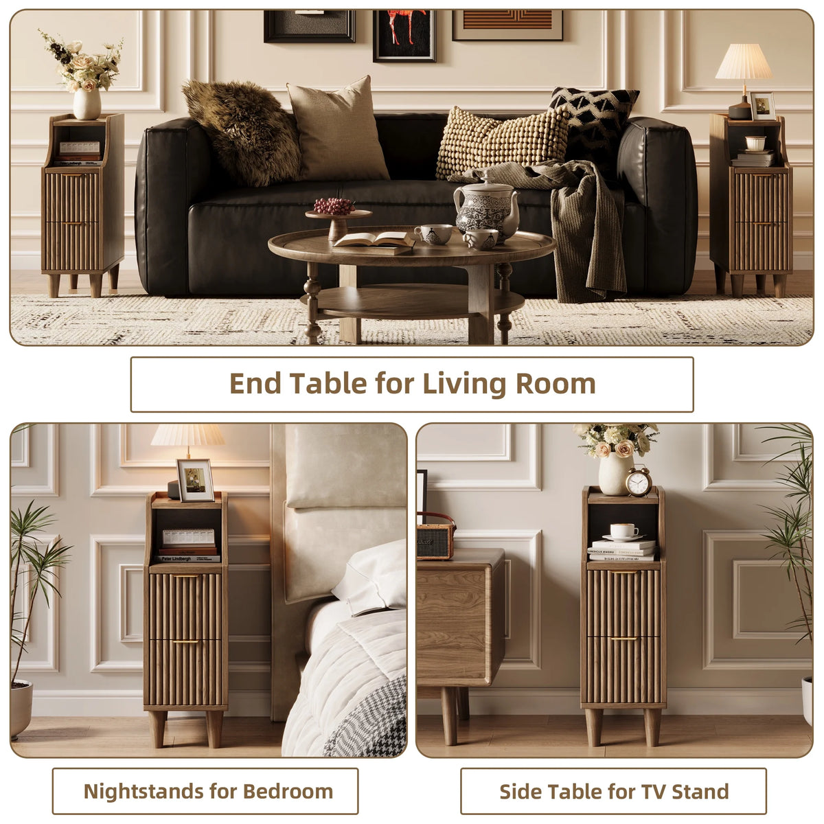 UGTOO 24.4"Tall Walnut Finish 2PC Bedside Table Set with 2 Large Drawers & Top Storage Space Open Shelf, Sturdy Wood Legs, Vintage Cabinet Nightstand for Bedroom with Metal Handle