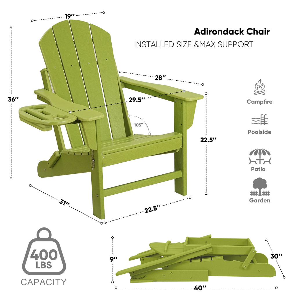 FOOWIN HDPE Plastic Adirondack Chairs Set of 4, Black