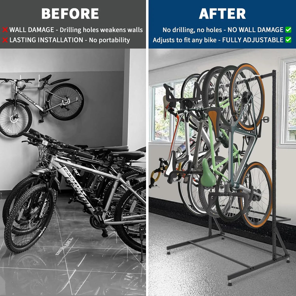 Floor Bike Rack Garage Free Standing with 5 Hooks,Vertical Bike Stand Bicycle Storage,Bike Hangers for Garage Indoor Use for 5 Bicycles, Metal Floor Mount,Up to 300lbs,46in W,Adjustable Height