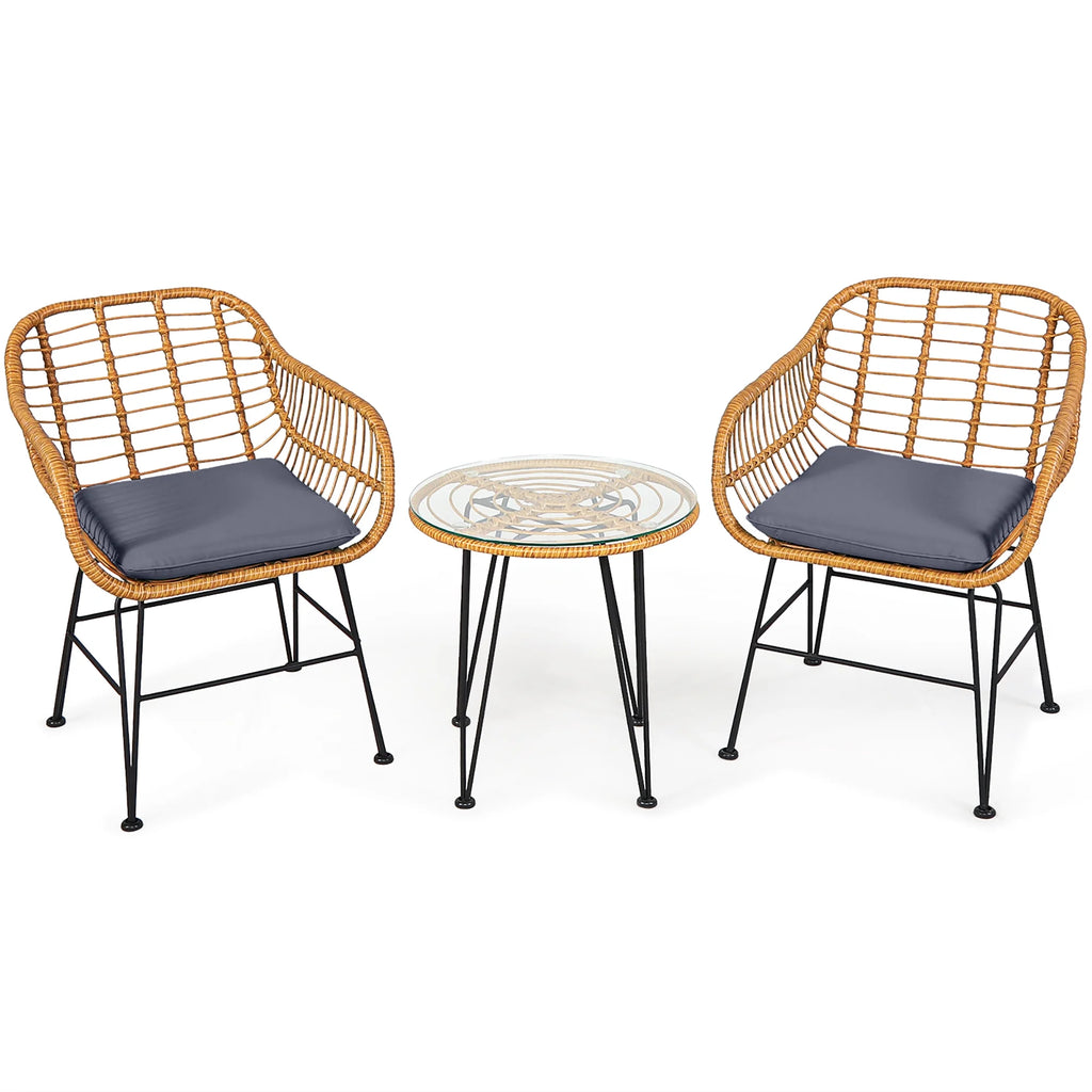 Costway 3PCS Patio Rattan Bistro Furniture Set Cushioned Chair Table Navy