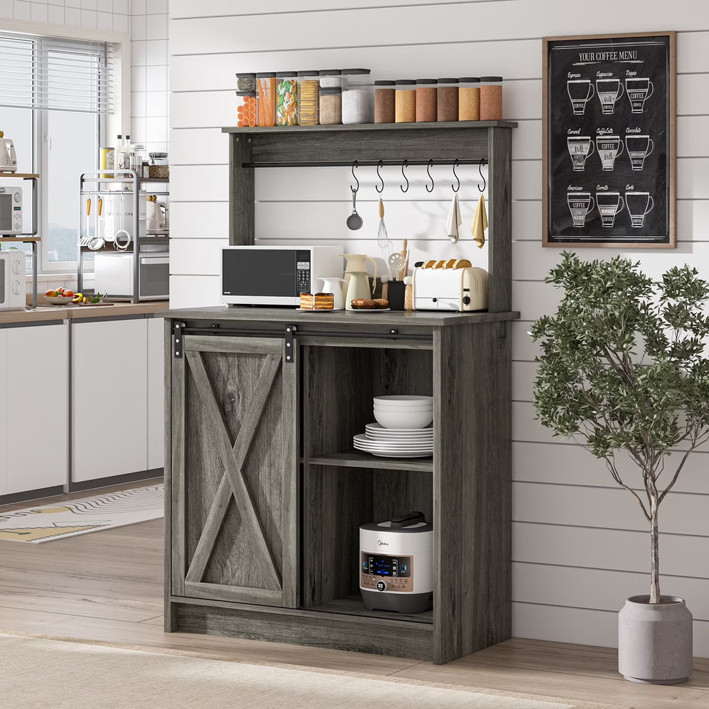 Catrimown Coffee Bar Cabinet, Barn Door Sideboard Buffet Cabinet with Storage, White