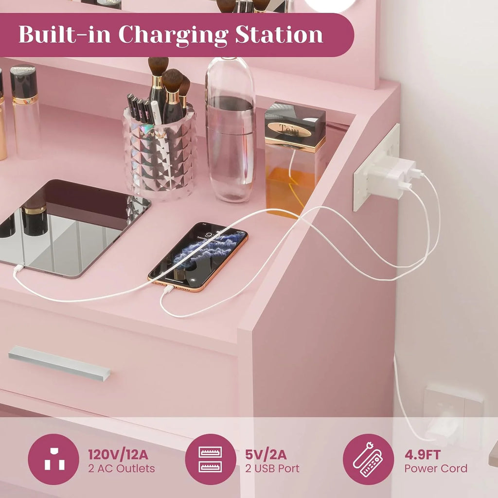 OYang Makeup Vanity with Lights, Vanity Desk with Mirror and Lights Set, Large Drawer and Two-Tier Lots Storage Cabinet, 3 Lighting Modes Adjustable Brightness