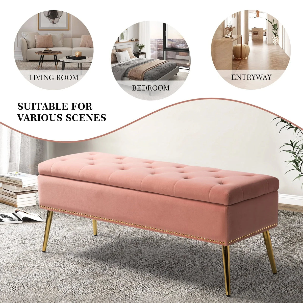 14 Karat Home Velvet Storage Ottoman Bench Gold Leg Upholstered Nailhead Trim Button Tufted Footstool Entryway Bedroom Living Room Pink
