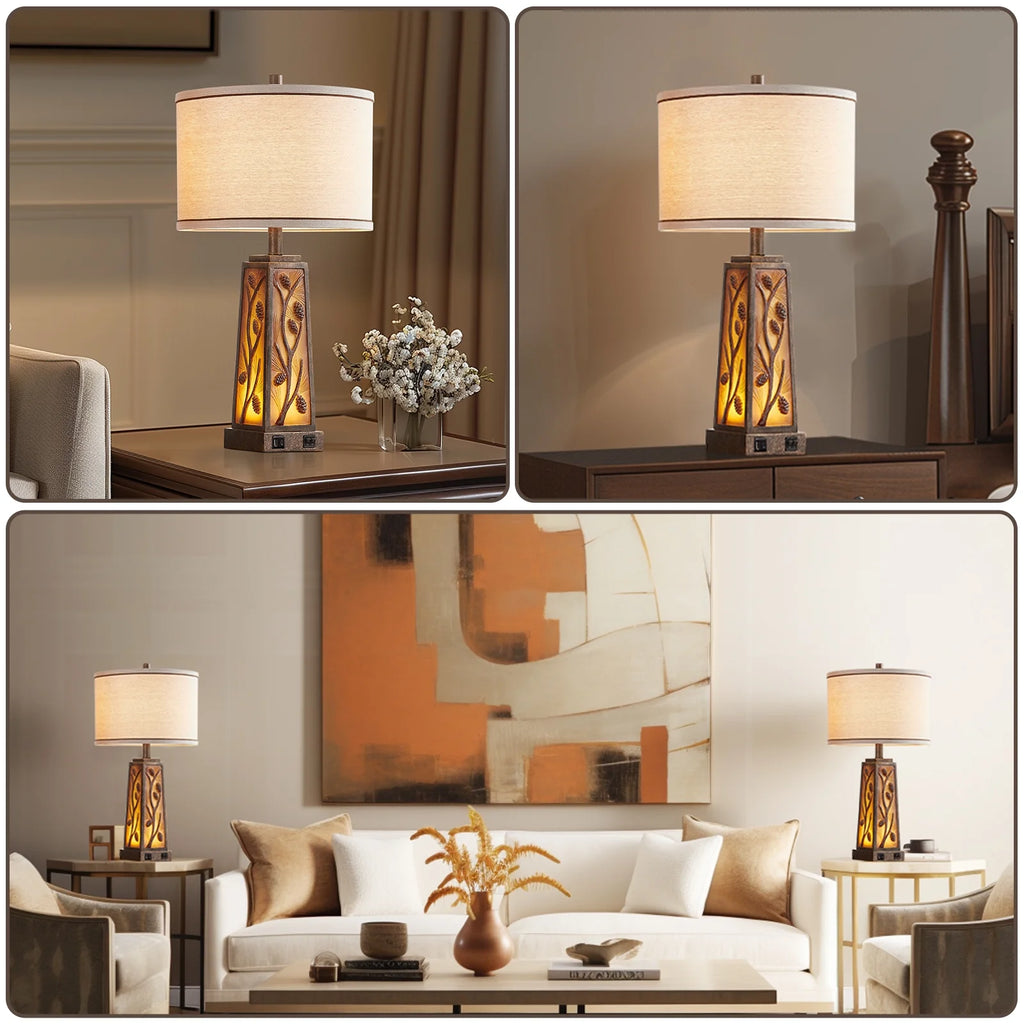 RORIA 24 Modern Living Room Table Lamp 2-Piece Set with 2 USB Charging Ports, Built-in White Frosted Glass with Night Light, Black Vintage Rustic Farmhouse Lamp for Bedroom Nightstand Lamps