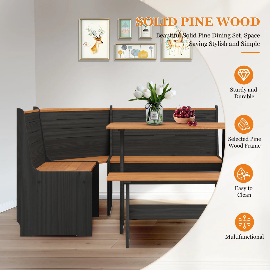 Breakfast Nook Kitchen Corner Dining Table Bench Chair Set, Space-Saving 3-4 Seat L-Shape Farmhouse Mid Century Modern Style for Family Home Black Wood