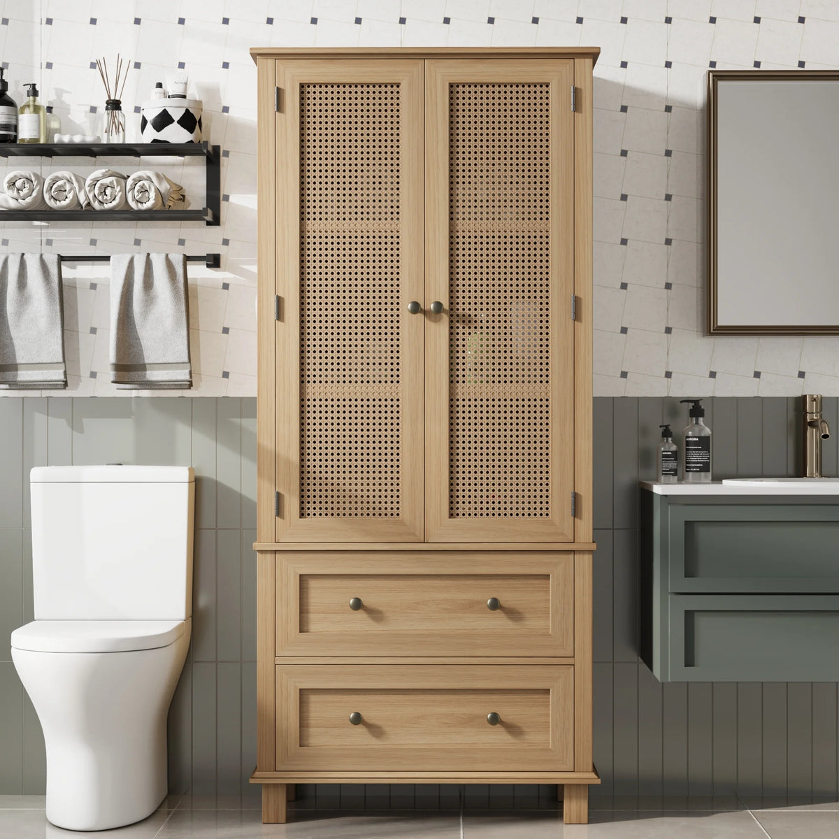 Homfa Bathroom Cabinet with Rattan Doors, Rattan Linen Storage Cabinet with 2 Drawers, Oak