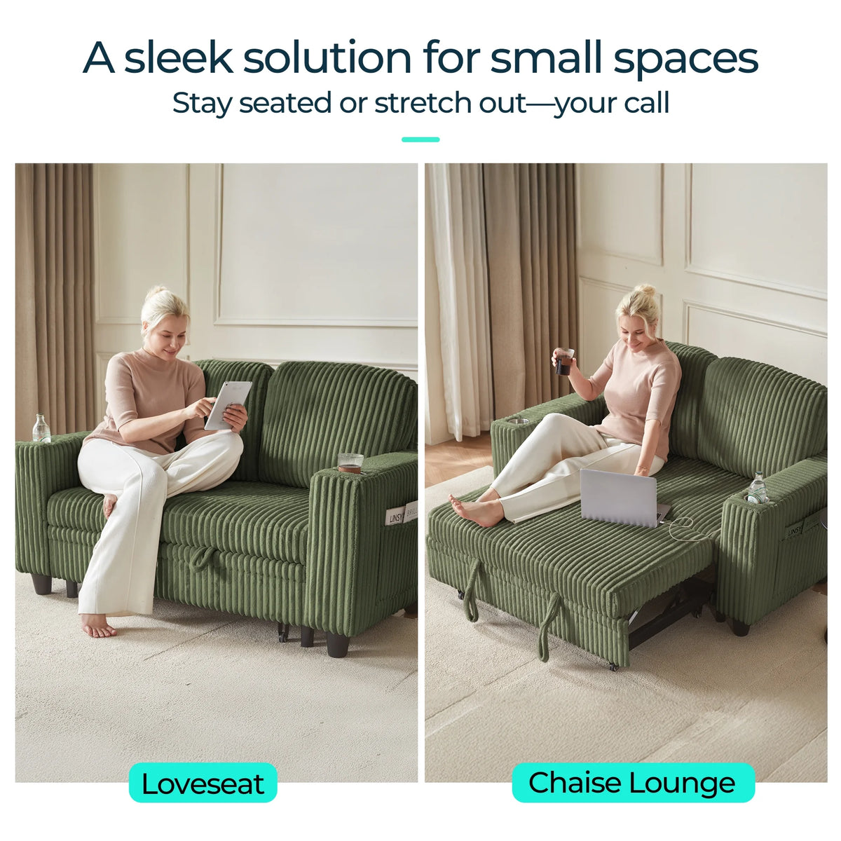 Linsy Home Plush Corduroy Pull Out Couch Chaise Lounge, Convertible Loveseat Sofa Couch With Usb & Cup Holder, Green