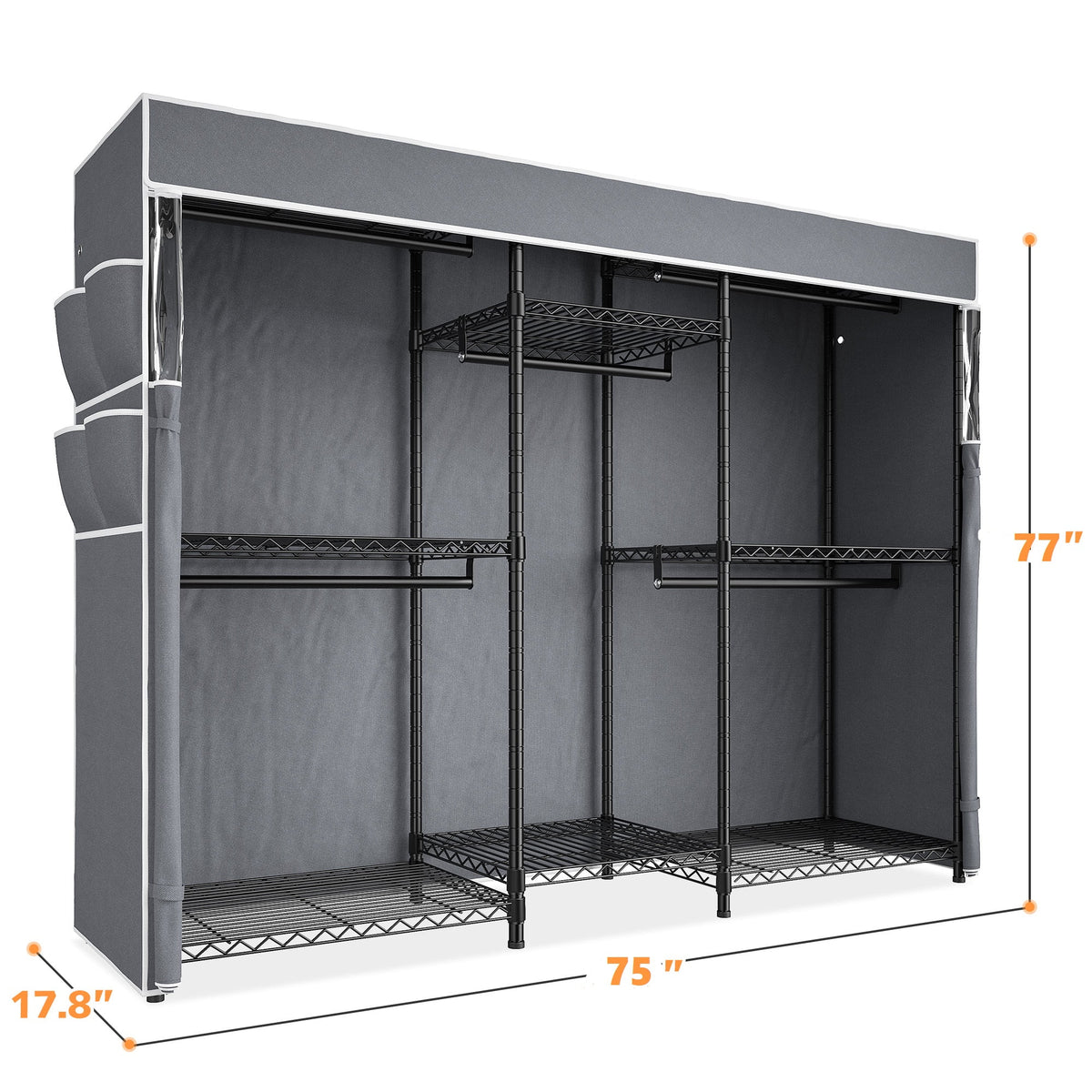 Heavy Duty Clothes Rack with Cover Loads 900LBS, Clothing Racks for Hanging Clothes, Freestanding& Adjustable Closet with Cover, Black, 74.9" Wx17.8 Dx76.9 H