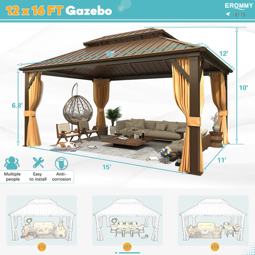 EROMMY 10'x12' Hardtop Gazebo with Galvanized Steel Double Roof & Aluminum Frame