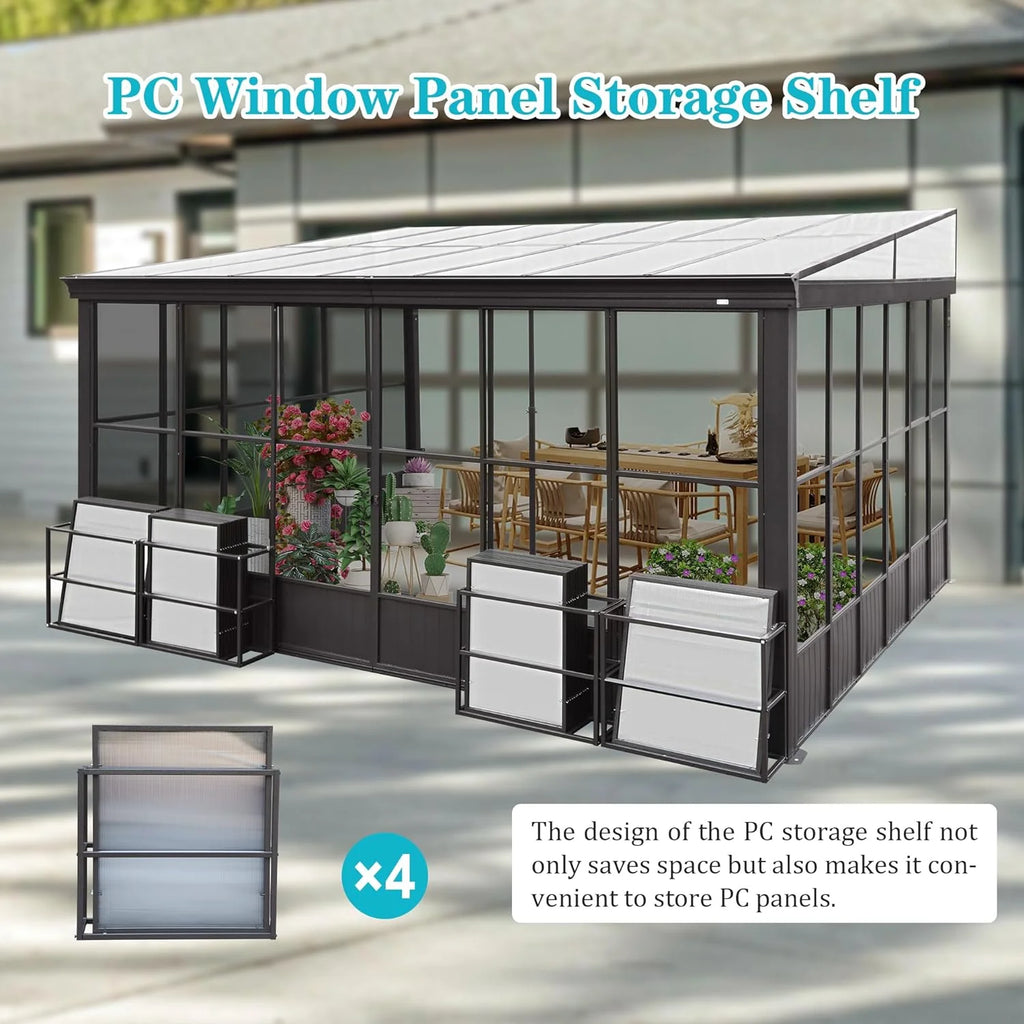 Domi Outdoor Living 10' x 12' Hardtop Lean-to Gazebo, Wall-Mounted with Galvanized Steel Roof Wall Pergola with Aluminum Frame, Curtains and Netting, for Patio, Deck, Garden, Backyard