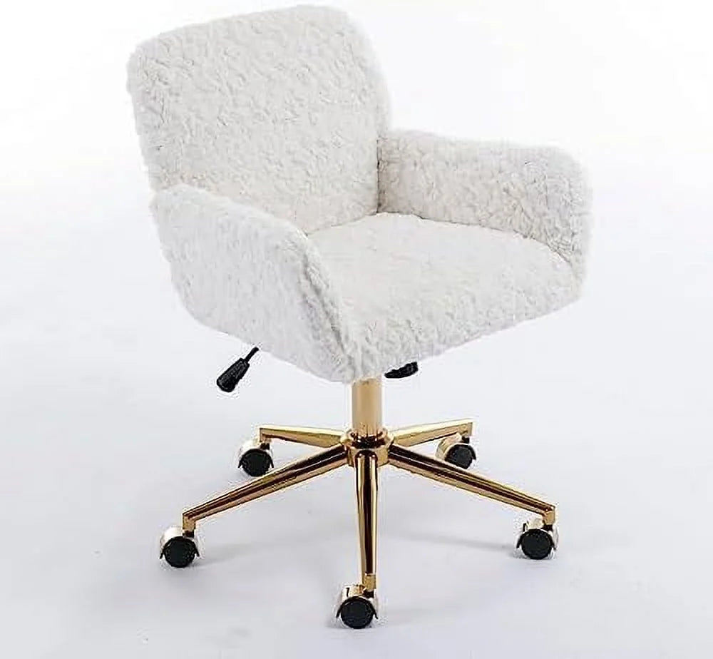 Fluffy Desk Chair,Height Adjustable Vanity Chair with Wheels,Comfortable Faux Fur Desk Chair with goldenn Base, Arm Chair for Bedroom,Living Room,Vanity,Office
