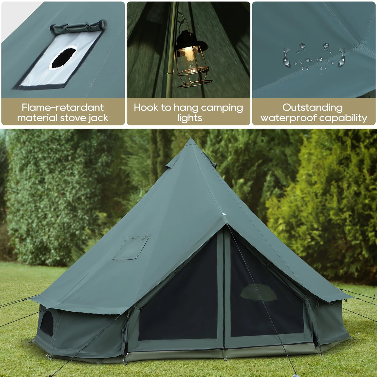 LVUYOYO Bell Tent for Camping, Cotton Canvas Bell Tent with Stove Jack, Outdoor Canvas Bell Tent for Family Glamping Camping, 4 Season Tent with Zipped Removable Floor,5M,Green