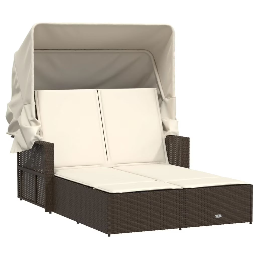 vidaXL Powder Coated Steel Removable Canopy and Cushions Double Sun Lounger, Beige