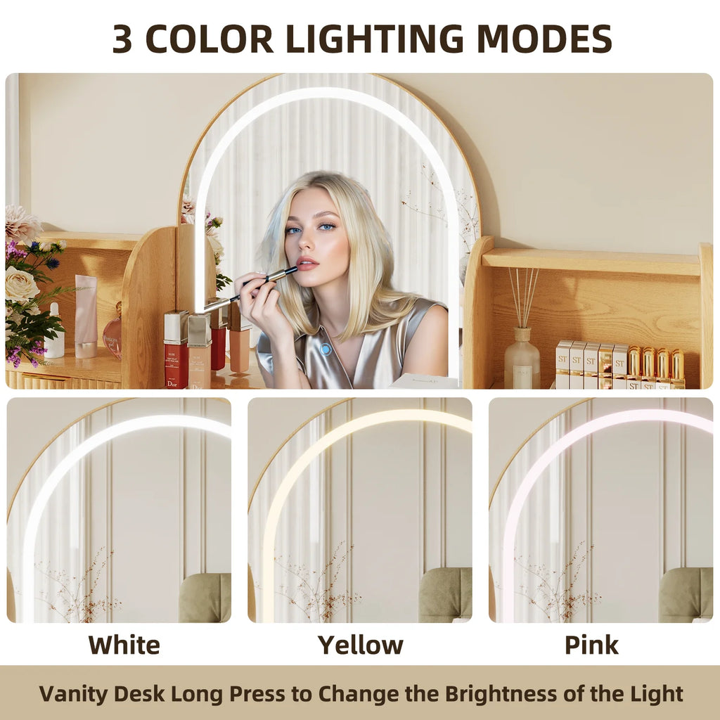 UGTOO 45.2" Modern Vanity Desk with LED Mirror & USB Charging, Wood Makeup Dressing Table with 7 Drawers for Bedroom
