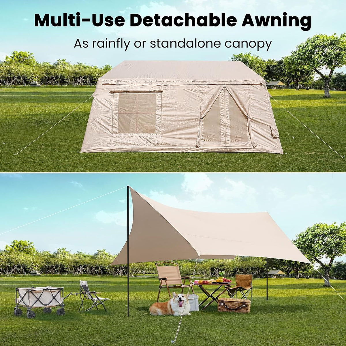 Inflatable Tents for Camping, Blow Up Tent with Canopy, Easy Setup Inflatable Camping Tent with Stove Jack, Waterproof Oxford Air Glamping Tents for Camping Adult 8-10 Person