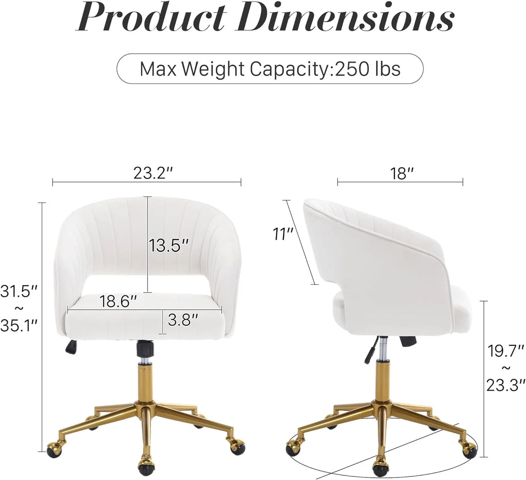 Home Office Swivel Desk Chair, Modern Velvet Vanity Chair, Height Adjustable Armchair with Gold Base, Ergonomic Office Chair for Task Study Computer Room, Beige