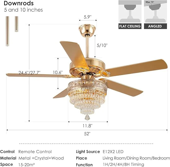 YIOSI 52" Crystal Ceiling Fan Fandelier with Remote Control, Modern Chrome Chandelier Ceiling Fan, Whisper-Quiet Motor, Reversible Blades, LED Lighting, Energy-Efficient, Elegant Living Room Fan