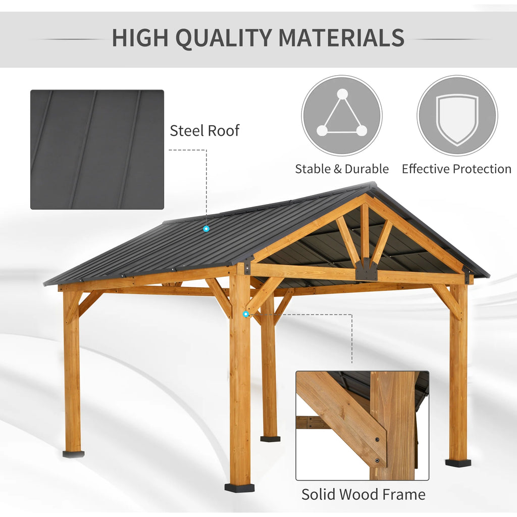 Outsunny 11x13 Hardtop Gazebo with Wooden Frame, Permanent Metal Roof Gazebo Canopy with Ceiling Hook for Garden, Patio, Backyard