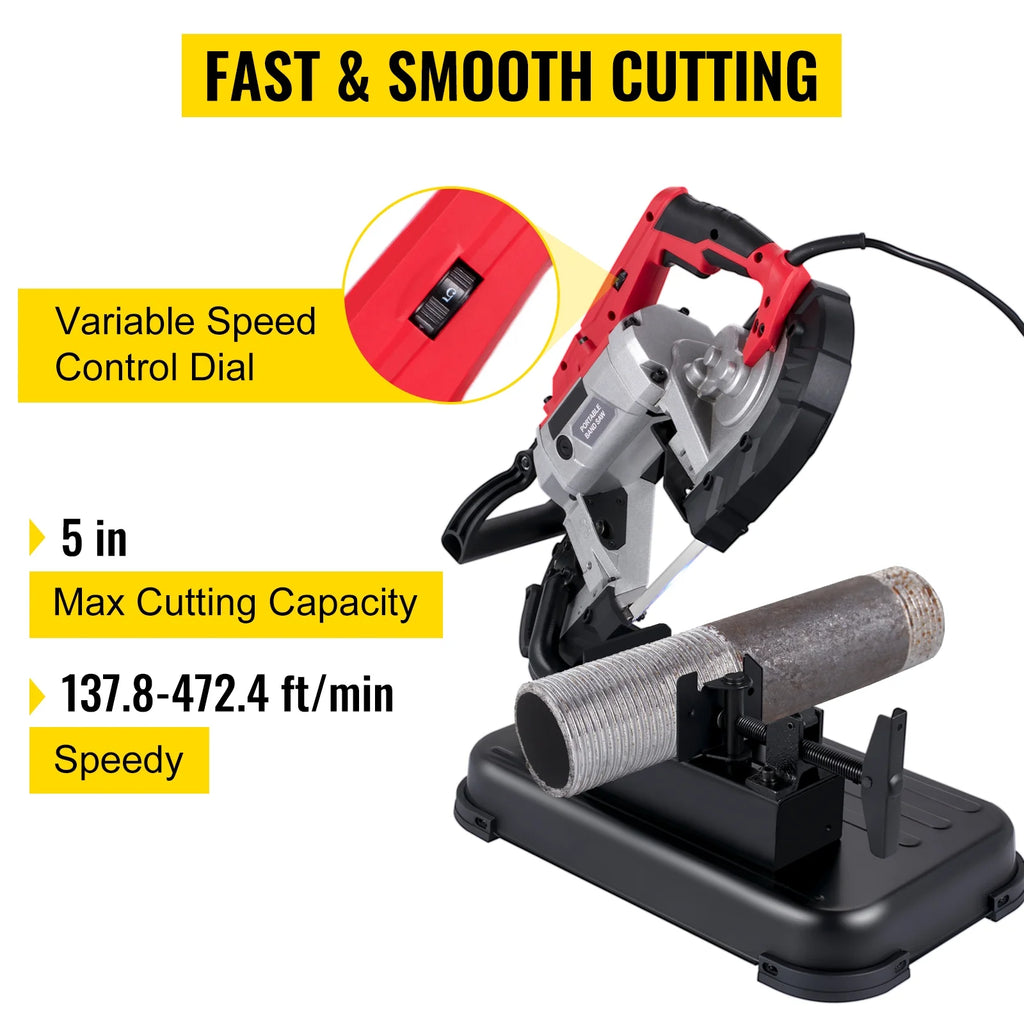 KFFKFF Portable band saw, 110V removable alloy steel base rechargeable band saw, 5 inch cutting capacity handheld band saw, variable speed portable band saw, 10 amp motor, deep cutting band saw for