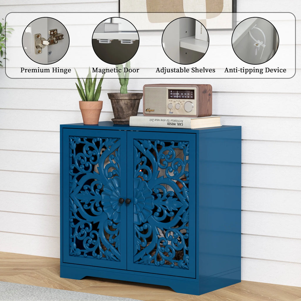 Accent Cabinet with Hollow Carved Door for Entryway Hallway, Blue Sideboard Buffet Cabinet, Storage Cabinet for Living Room