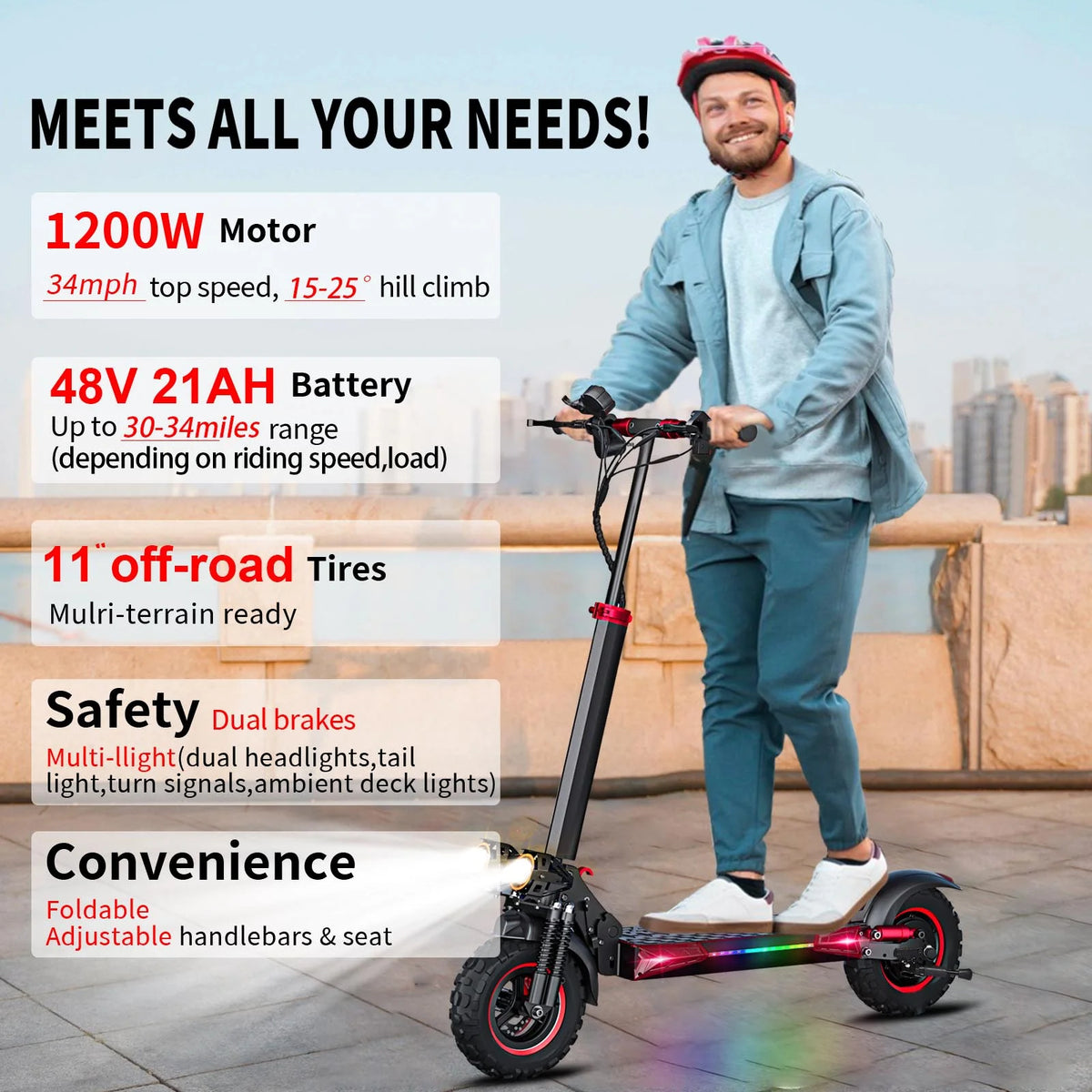 MIWEN 11'' Offroad Electric Scooter for Adult with Seat 1200W Motor up to 34MPH,30-34Miles Long Range Fast Electricscooter 48V 21Ah Foldable Escooter