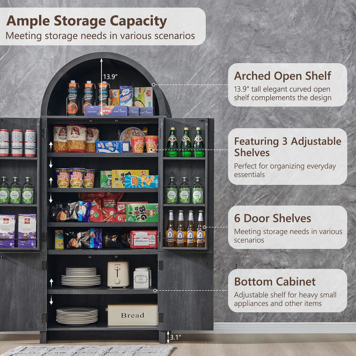 IFGET 71" Tall Arched Kitchen Pantry Storage Cabinet, Large Storage Cabinet with Adjustable Shelves, Pantry Cabinet for Kitchen, Dining Room