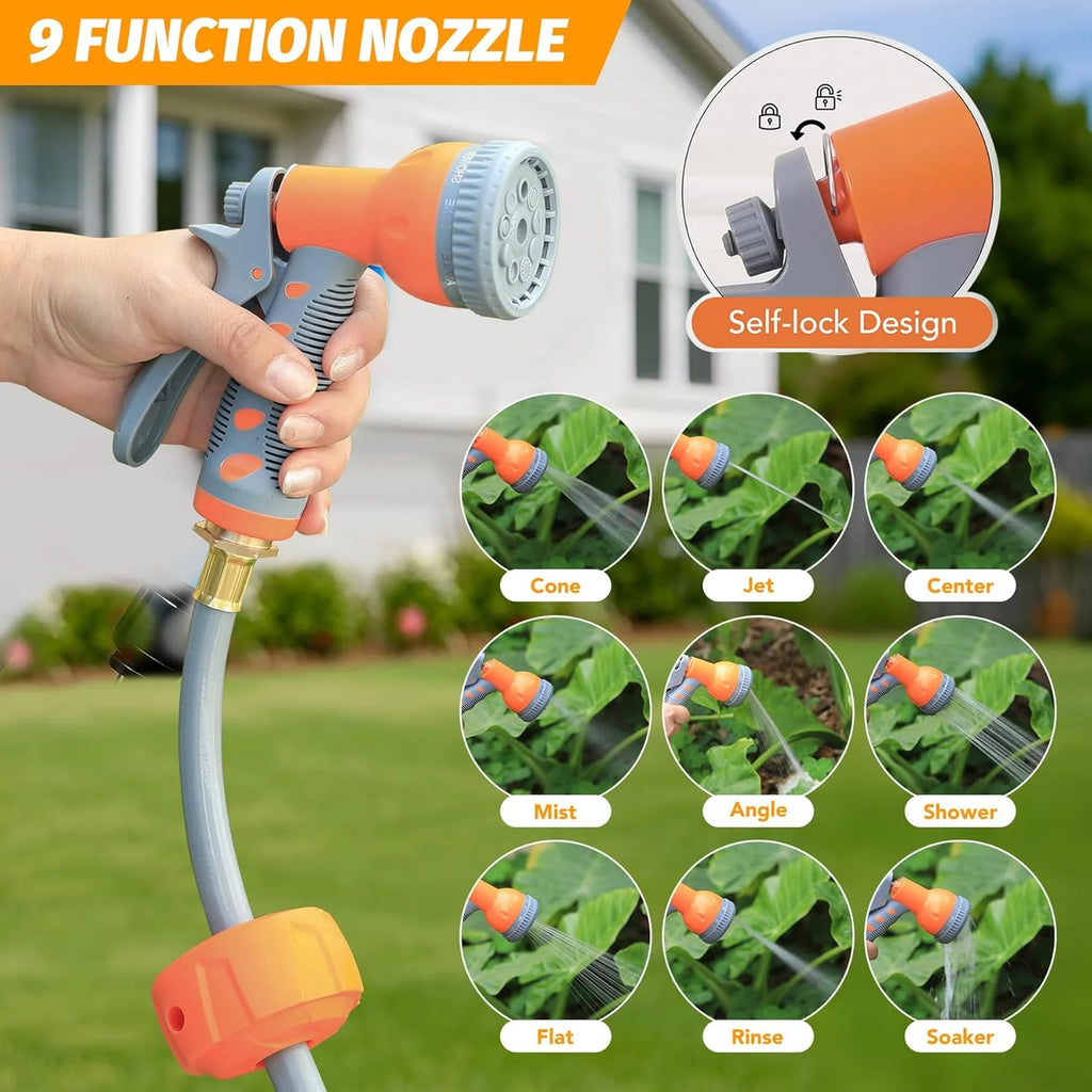 Auto-Retract Wall-Mounted Garden Hose Reel w/9-Pattern Nozzle, 180 Swivel & Any-Length Lock, 600PSI Durable