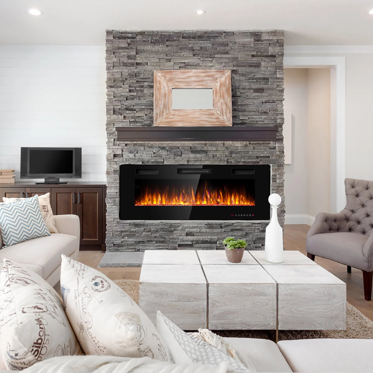 Costway 36'' Electric Fireplace Recessed Ultra Thin Wall-Mounted Heater w/Multicolor Flame