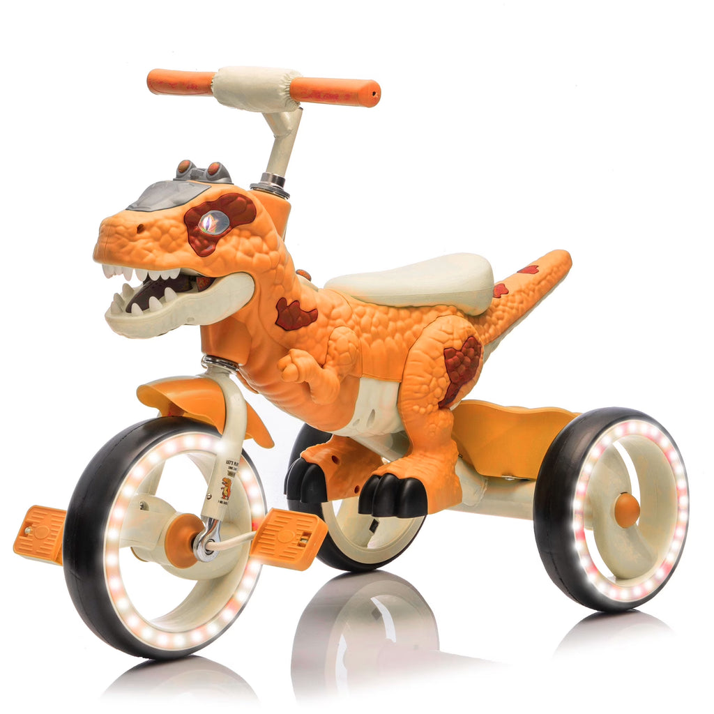 Xuanlur Kids Ride on Dinosaur Tricycle, Toddlers Kid Trike with Wide Flash Wheels, Anti-Slip Pedals, Rear Basket, Music & LED Lights, Toddler Bike Toys Gift for 3-6 Year Old Boys & Girls (Green)