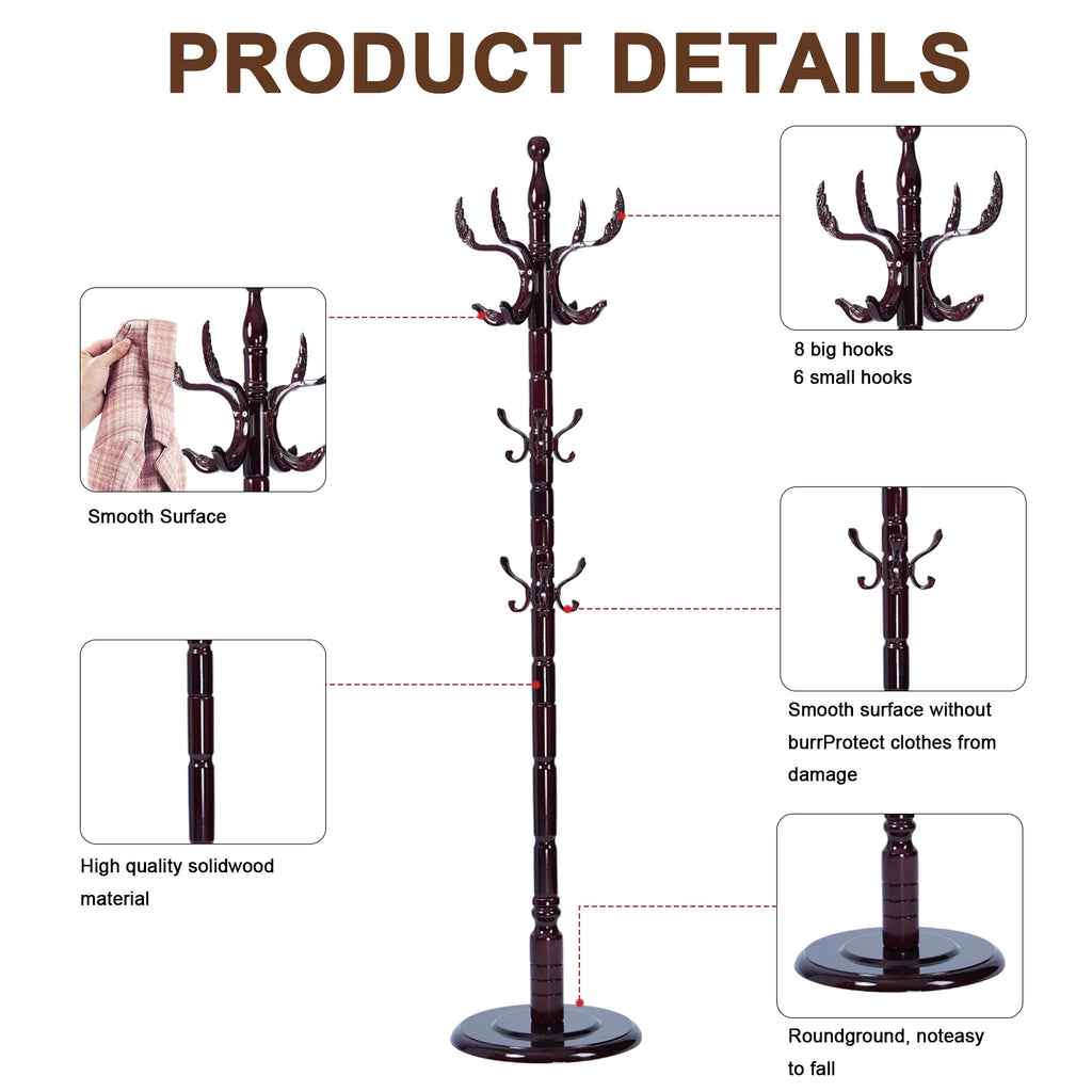 Coat Rack Freestanding, Hall Tree with 11 Hooks, Heavy Duty Wooden Coat Tree Stand, Adjustable Height, Sturdy Base for Bedroom Hallway Office - Load 270lbs