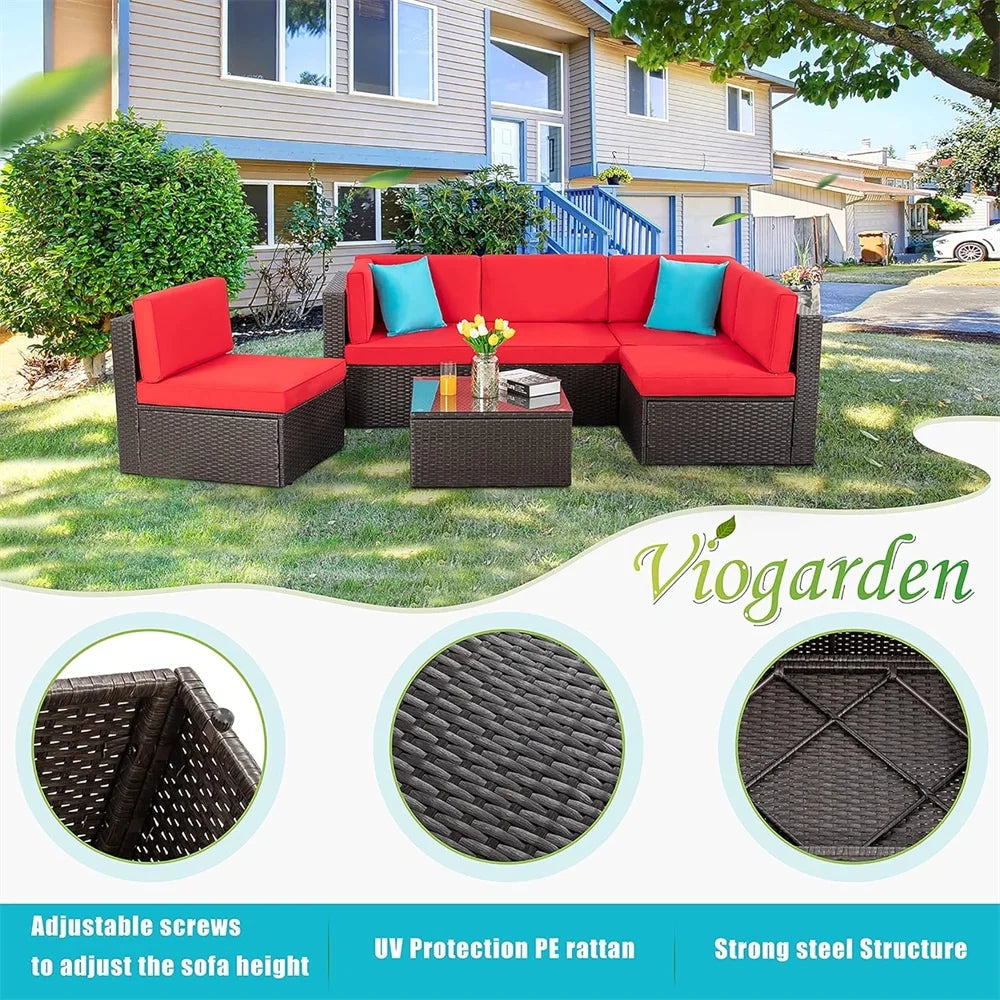 7 Pieces Outdoor Patio Furniture Set, Outdoor Sectional Rattan Sofa, PE Manual Weaving Wicker Patio Conversation Set with Cushion, Glass Table, Pillow, Dark Gray