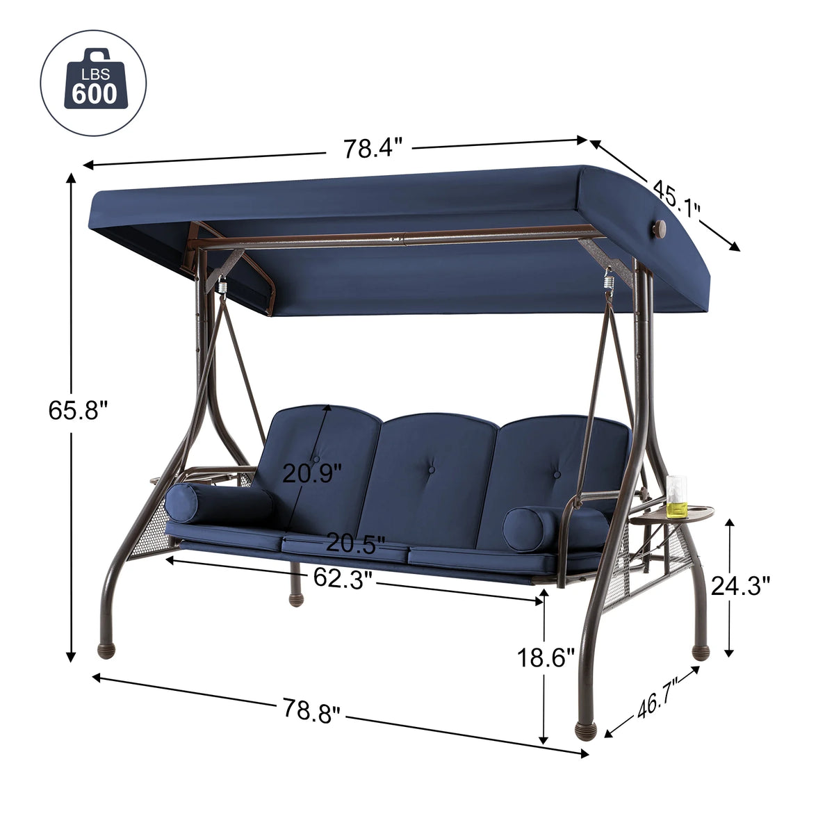 Homrest 3 Seat Outdoor Porch Swing with Adjustable Canopy, Cushions, and Cup Holder - Wine Red