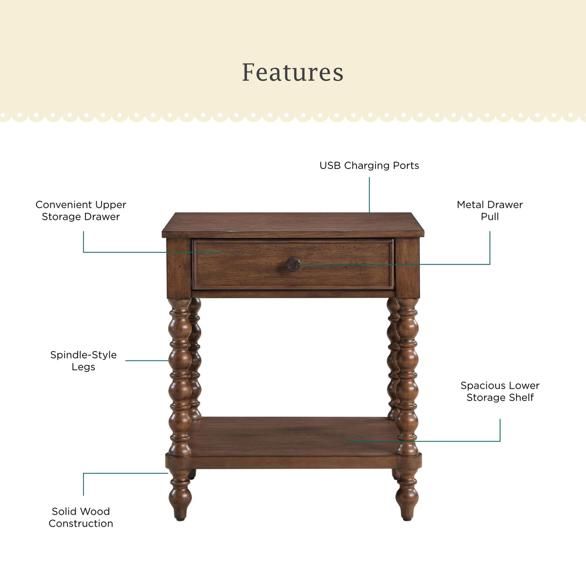 Pioneer Woman Harper Spindle Nightstand with USB Charging Ports, Adults and Teens, White Finish
