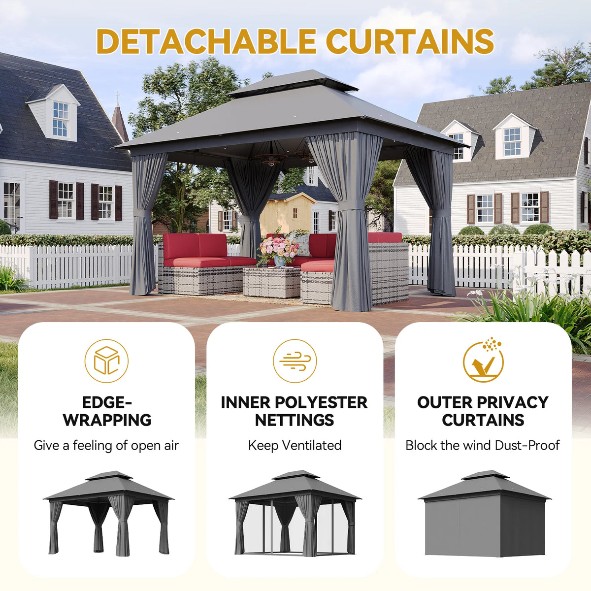 Sunmthink Outdoor Gazebo for Patio 10x12, Metal Frame Canopy with Double Roofs, Heavy Duty Party Tent and Shelter with Mosquito Netting and Privacy Screen for Backyard,Garden,Deck (Gray)