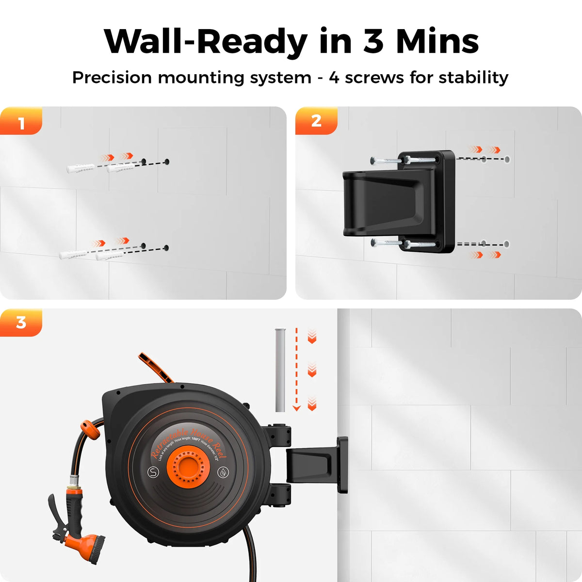 Retractable Garden Hose Reel 1/2 in x 100 ft, Auto-Rewind & Any Length Lock, 180 Swivel Heavy Duty Hose Reel Wall Mount for Outside, 10 Spray Patterns, UV-Resistant