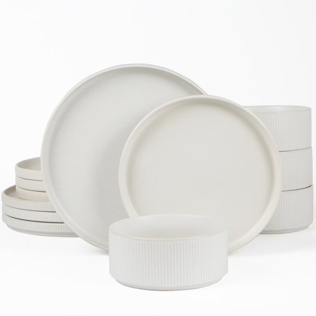 Famiware Star Stoneware Dinnerware Sets, Plates and Bowls Set for 4, 12 Piece Dish Set, Cappuccino White