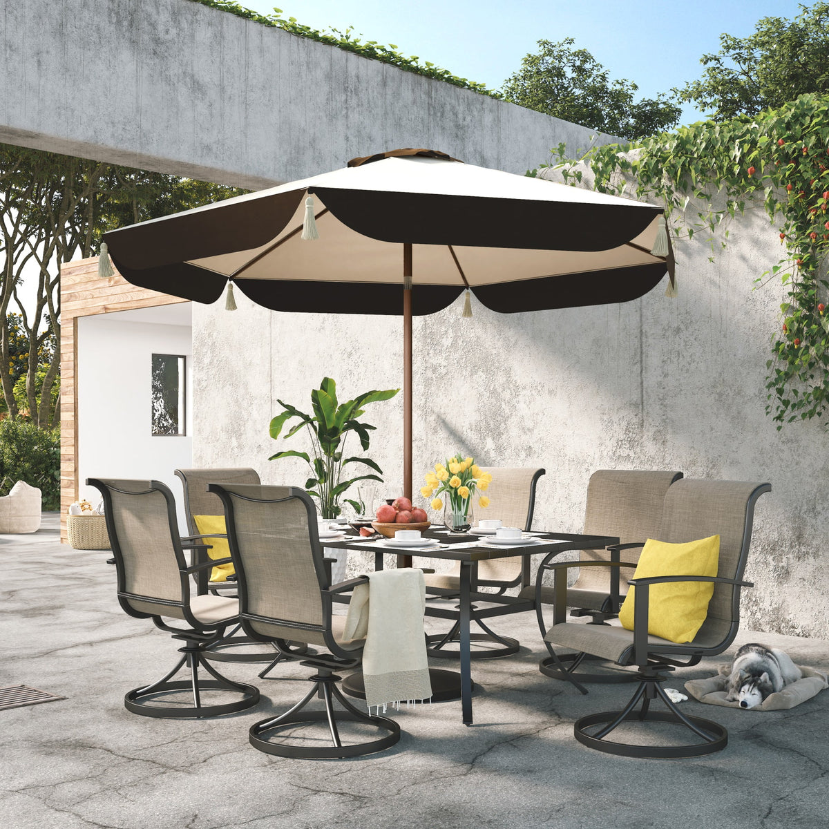 Grand Patio Ourdoor 9 ft Patio Umbrella with Fringe Tessels Market Umbrella & Push Button Tilt & Crank