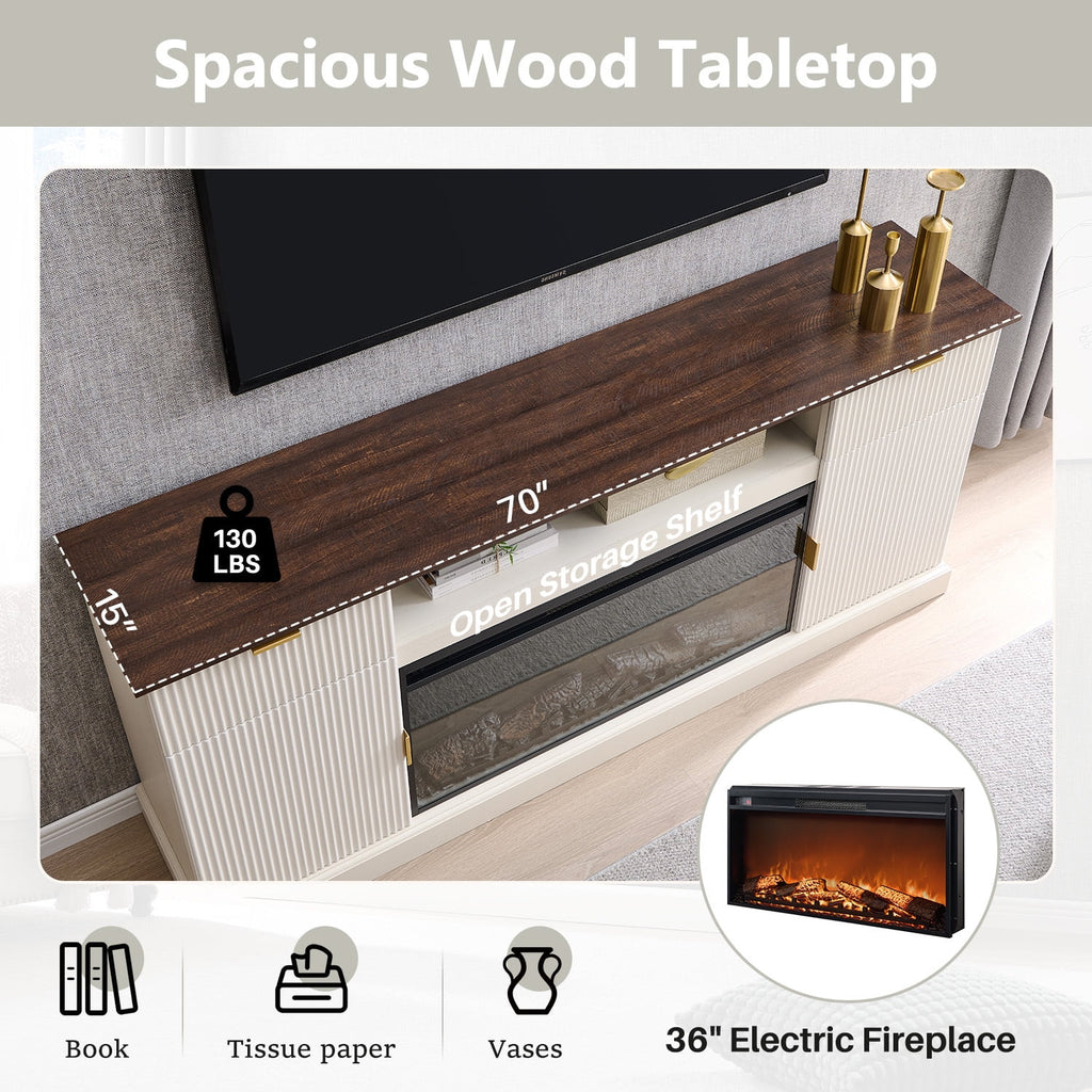 SinCiDo Fluted Fireplace TV Stand for 80 inch, Entertainment Center with 36" Electric Fireplace, 2 Drawers and Adjustable Shelves, Wood TV Stand for Living Room