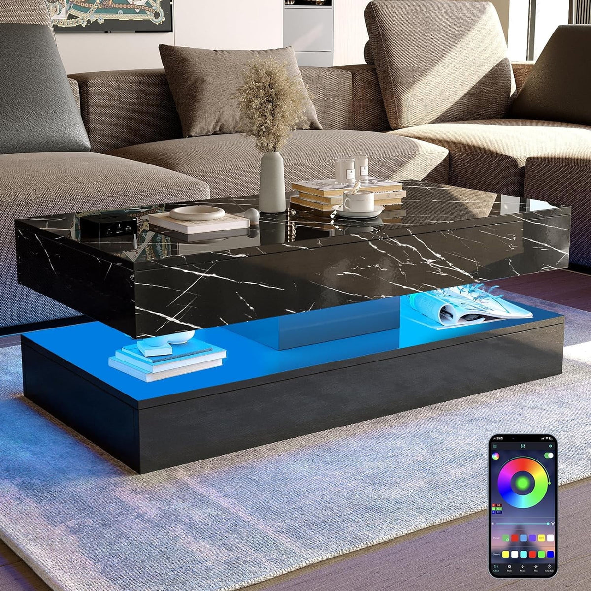 ChVans Large Black LED Coffee Table with 2 Storage Drawers, Modern High Gloss Coffee Table w/20 Colors LED Lights/APP Control, 2 Tiers Rectangle Large Living Room Furniture w/Marbling Print(47.3")