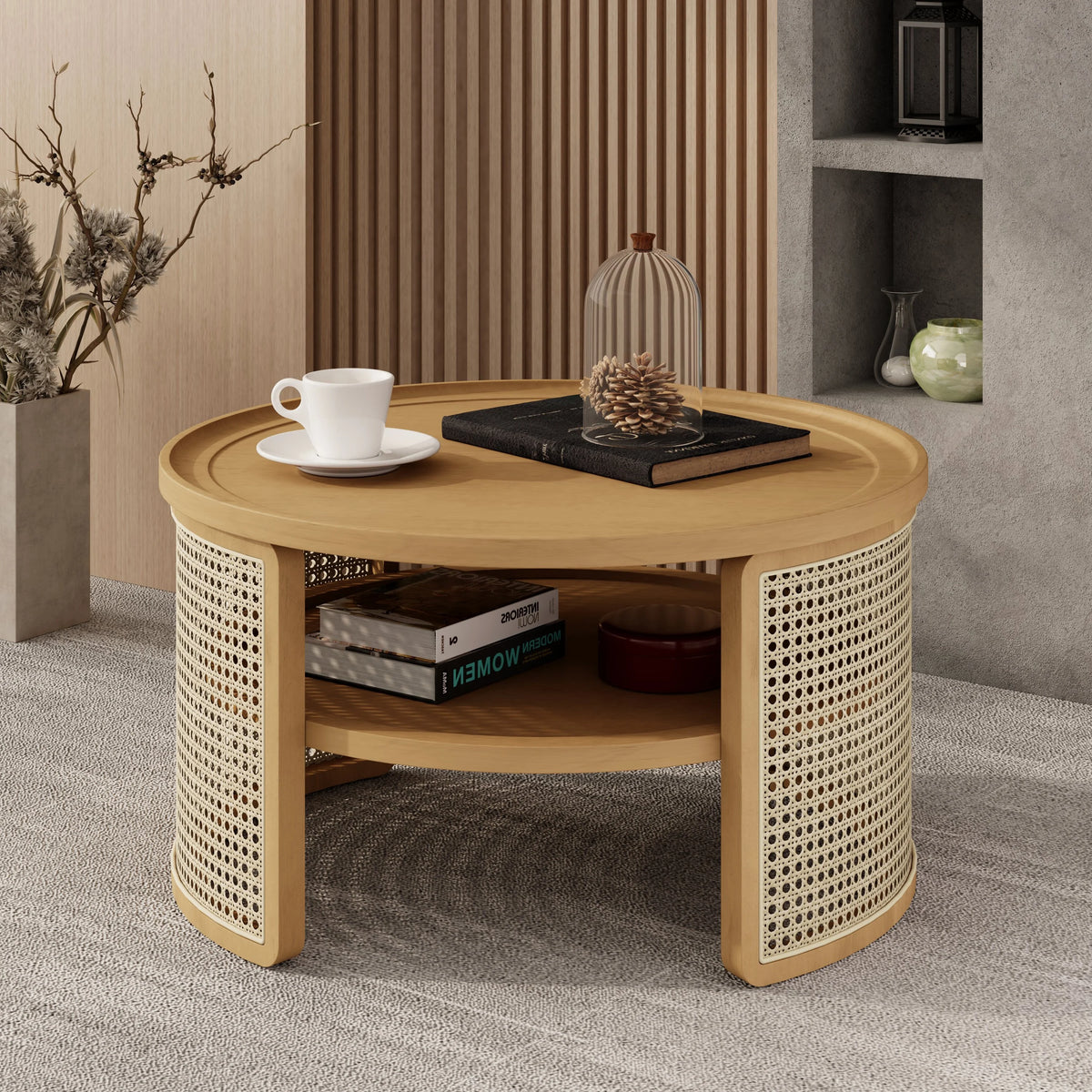 Harper & Bright Designs Rattan Round Coffee Table with Storage Shelf, Round Cane Wood Center Table for Living Room, 37'' Brown