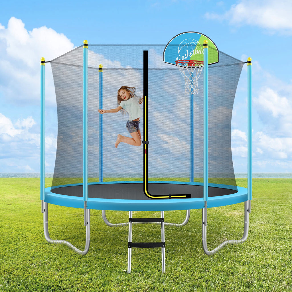 EUROCO  8FT Trampoline for Kids with Safety Enclosure Net, Basketball Hoop and Ladder, Easy Assembly Round Outdoor Recreational Trampoline