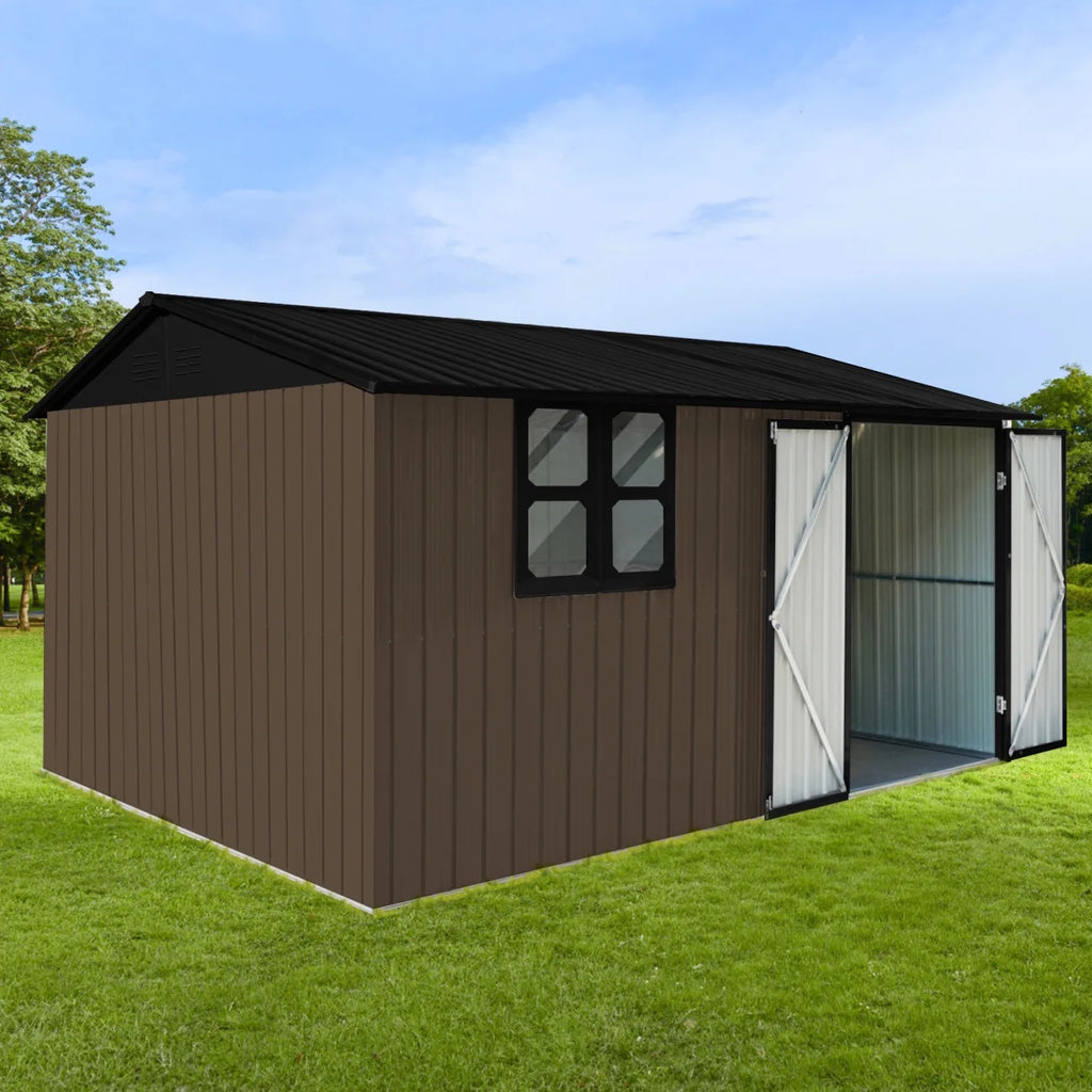 10x12 FT Outdoor Storage Shed, Metal Garden Tool Shed with Vents, Window and Bulit-in Hooks, Waterproof  Organization for Home/Backyard/Garden Tools/Lawn Storage, Yellow+White