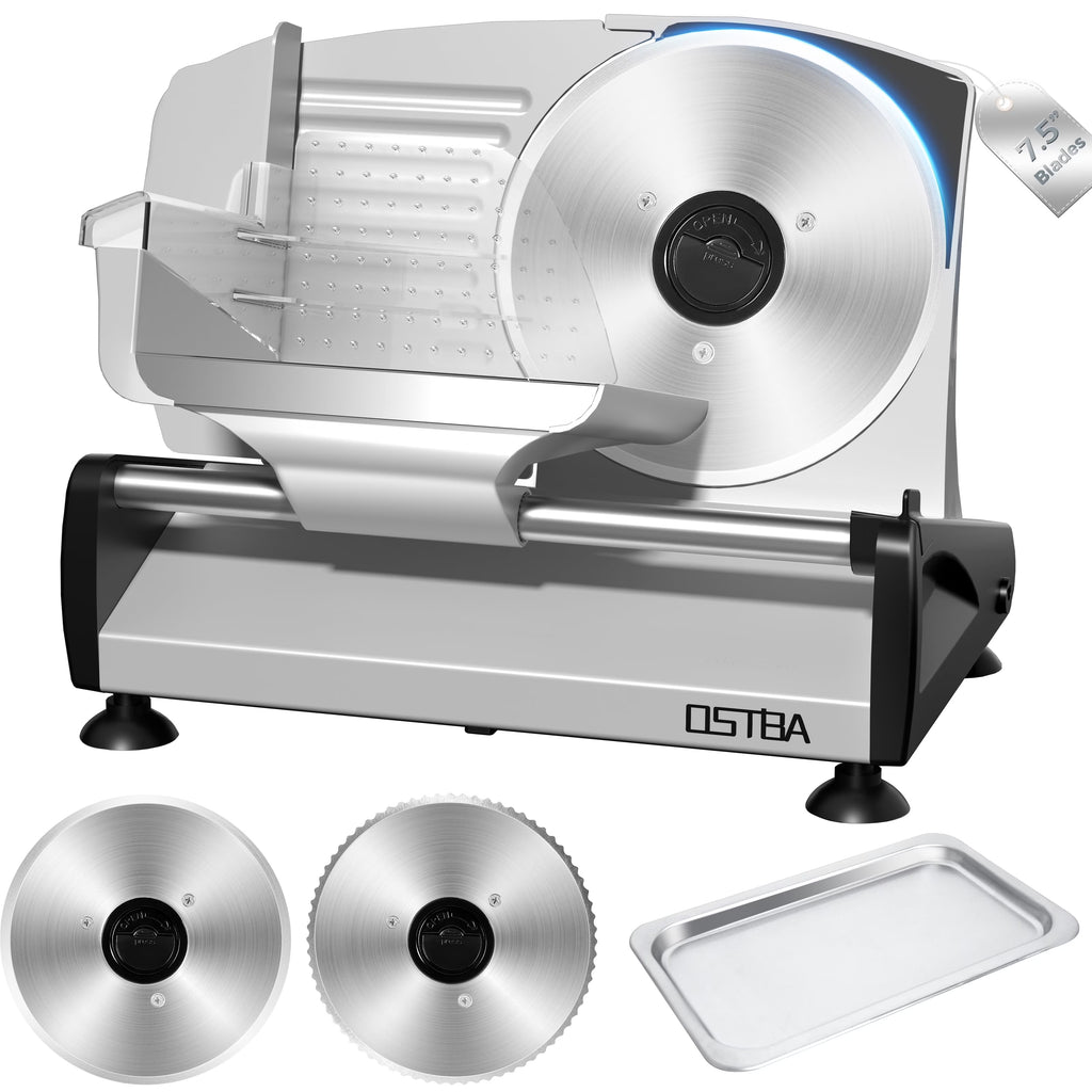 OSTBA Meat Slicer with Quiet DC Motor, 200W Electric Deli Slicer, Dual 7.5'' Stainless Steel Blades, 0-15mm Adjustable Thickness, Easy to Clean, Ideal for Meat, Cheese, Bread, and Vegetables